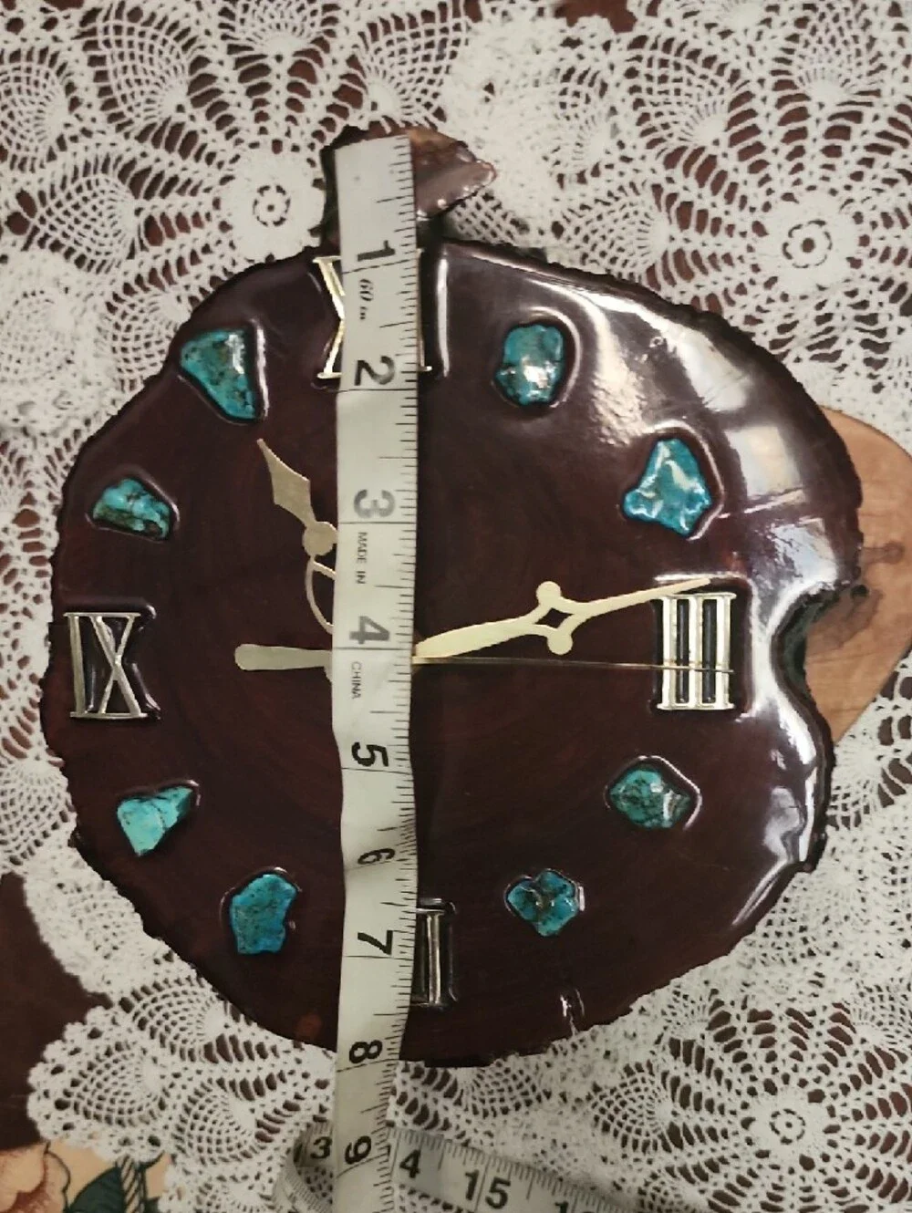 Handcrafted Brown Wood Wall Clock with Turquoise Accents